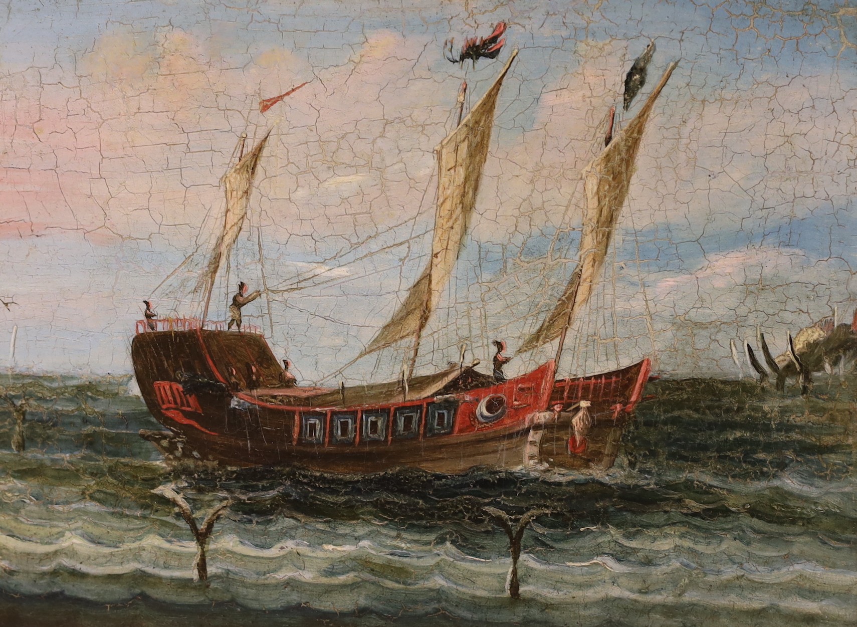 Chinese School c.1900, pair of oils on canvas, Junk in a calm and rough seas, 20 x 28cm